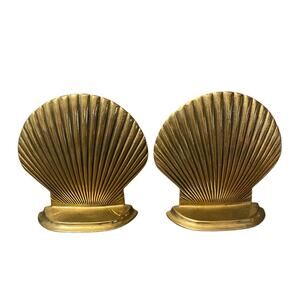 Vintage Brass Gold Clam Shell Bookends Seashell Hollywood Regency MCM